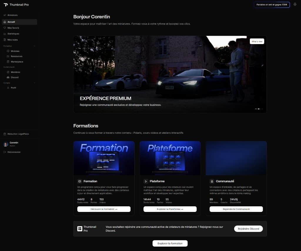 Aperçu du dashboard membre Thumbnail Pro